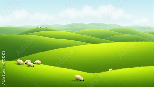 Peaceful countryside with rolling green hills and grazing sheep