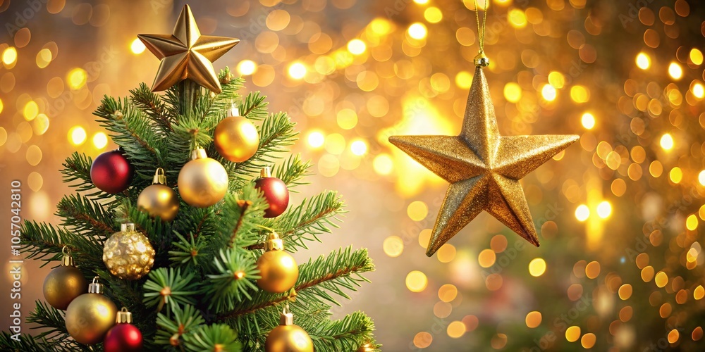 Decorative Golden Star on Christmas Tree with Bokeh Effect for Festive Atmosphere Decorative Golden Star on Christmas Tree with Bokeh Effect for Festive Atmosphere