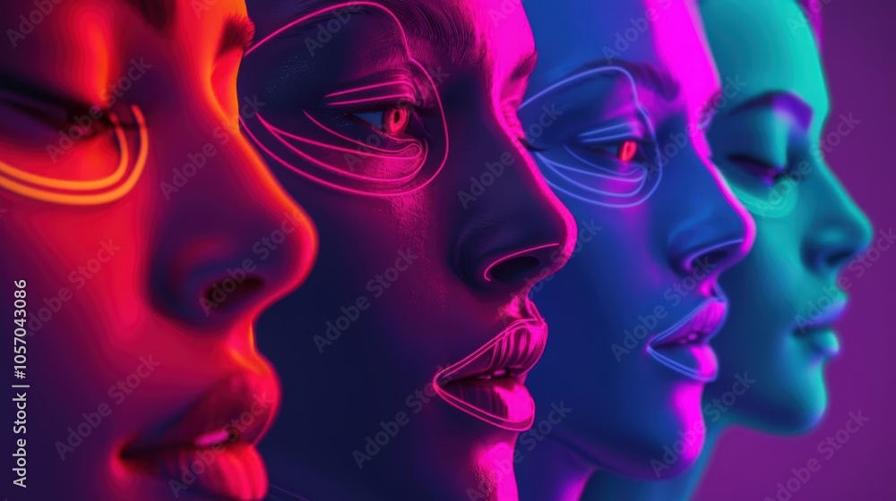 A Close-up Shot of a Diverse faces with abstract geometric patterns and neon accents A Close-up Shot of a Diverse faces with abstract geometric patterns and neon accents