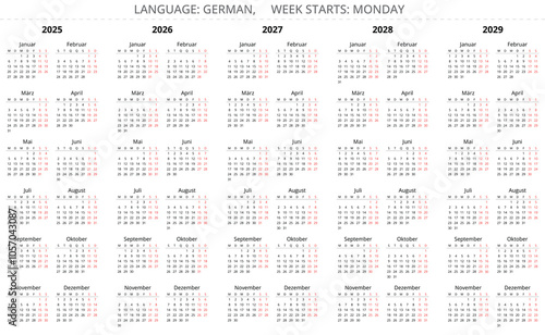 2025, 2026, 2027, 2028, 2029 year vertical german calendars. Printable vector illustration sets for Germany