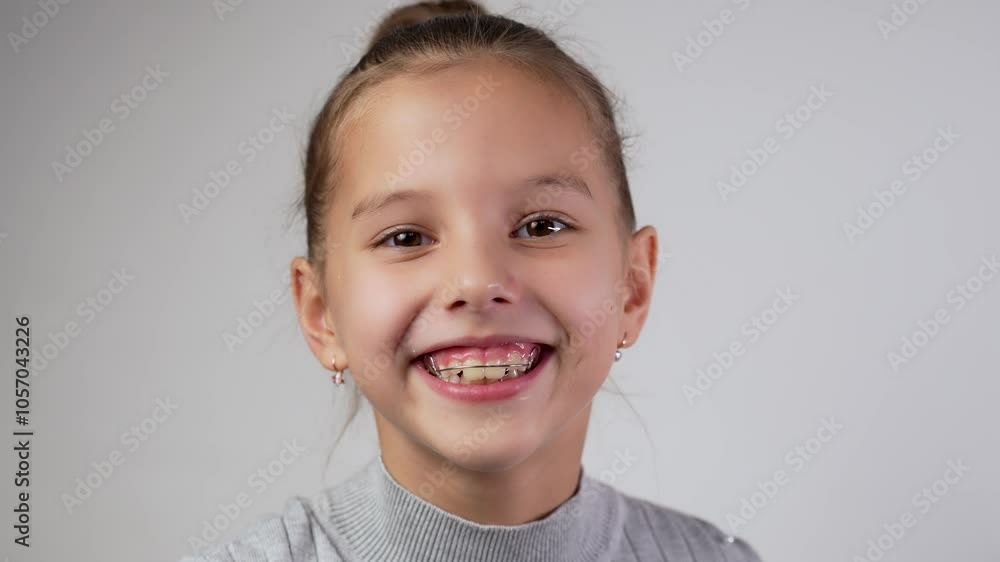 Girl with dental braces or teeth retainers for teeth correction. Pretty girl wearing braces smiling, looking at camera, close-up. Girl with dental braces or teeth retainers for teeth correction. Pretty girl wearing braces smiling, looking at camera, close-up.