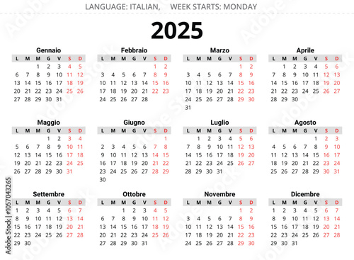 2025 year calendar. Italian language. 12 months. Printable and editable vector illustration Italy - Calendario