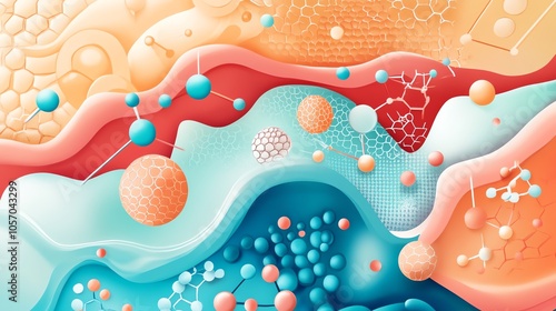 Skin structure with barrier and small molecules, health symbols, flat design illustration photo