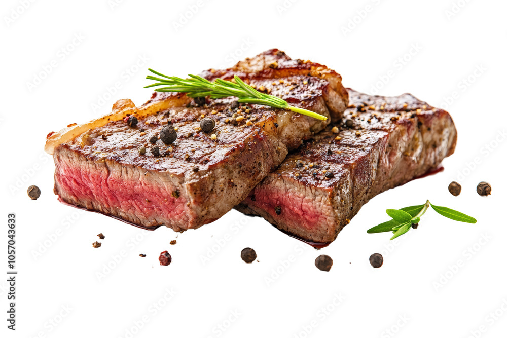 Grilled steak with herbs and spices on a white isolated background. Grilled steak with herbs and spices on a white isolated background.