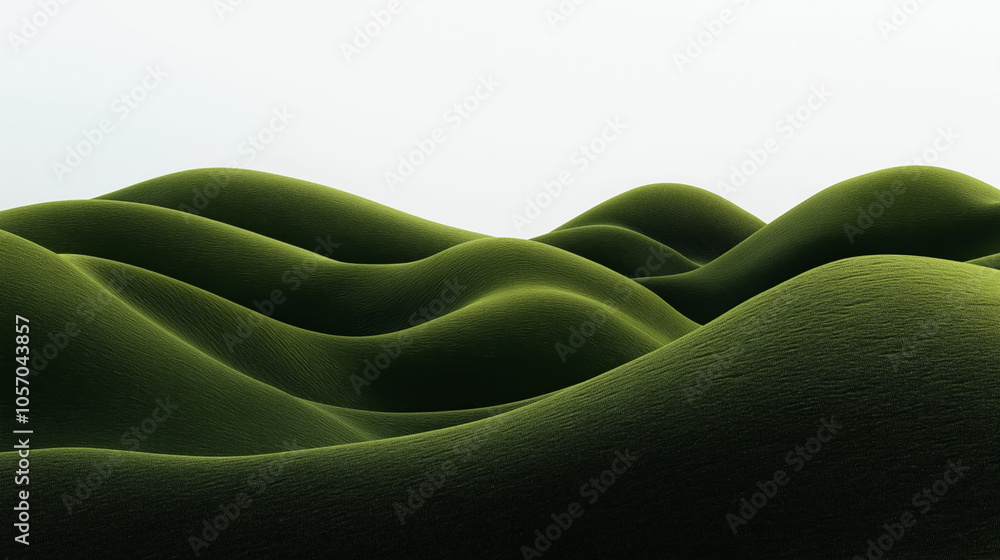 Rolling green hills with smooth, wave-like formations under a clear sky in a minimalist landscape. Rolling green hills with smooth, wave-like formations under a clear sky in a minimalist landscape.