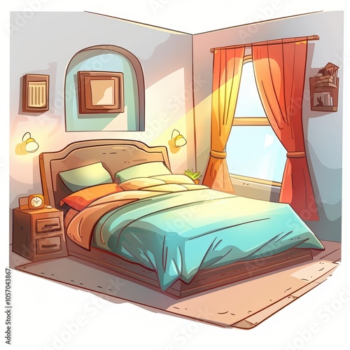A cute cartoon Style ofA cozy bedroom with warm lighting and comfortable bedding