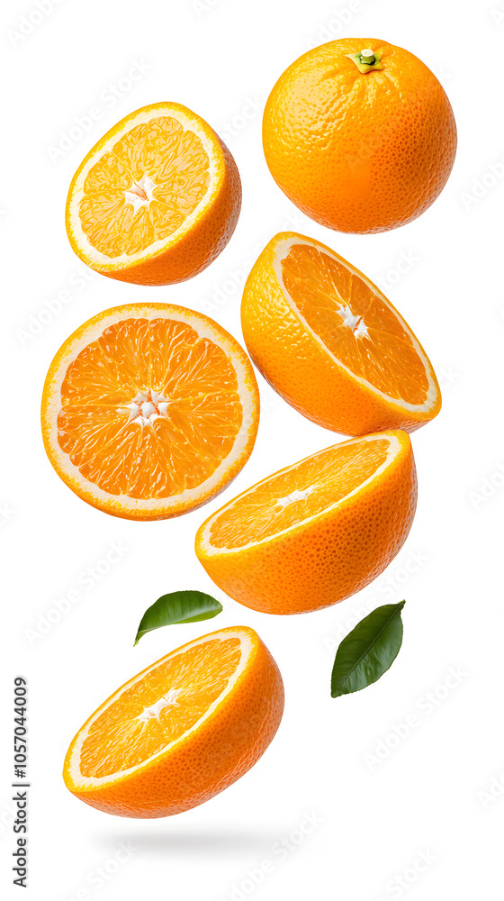 Freshly cut orange slices floating in the air, isolated on white background Freshly cut orange slices floating in the air, isolated on white background