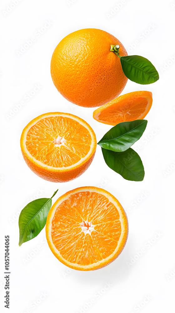 Freshly cut orange slices floating in the air, isolated on white background Freshly cut orange slices floating in the air, isolated on white background