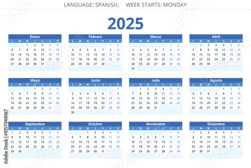 2025 year spanish calendar. Printable vector illustration for Spain