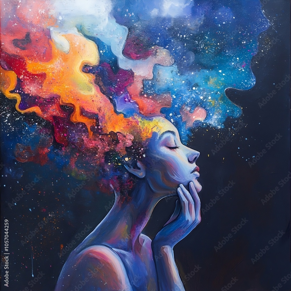 Surreal Portrait of Thoughtful Woman with Vibrant Galaxy Hair and Cosmic Background Surreal Portrait of Thoughtful Woman with Vibrant Galaxy Hair and Cosmic Background