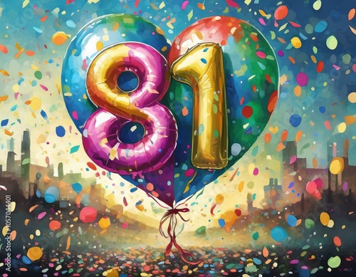 Birthday / anniversary balloon, number 81, colorful illustration with confetti and festive decoration photo