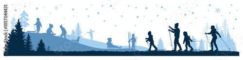 Merry Christmas. Winter panorama. Family silhouettes, children playing winter games outdoor. Vector illustration.	
