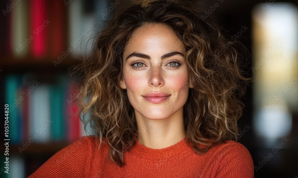 Captivating Portrait of a Confident Woman with Curly Hair in a Warm Setting Captivating Portrait of a Confident Woman with Curly Hair in a Warm Setting