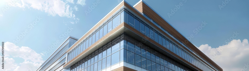 Capture a dramatic low-angle view of a sleek, modern office building in photorealistic detail to convey professionalism and success