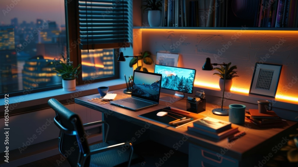 Capture a dynamic, tilted angle view of a modern workspace for remote working Showcase a sleek desk with a high-tech laptop and vibrant stationery Capture a dynamic, tilted angle view of a modern workspace for remote working Showcase a sleek desk with a high-tech laptop and vibrant stationery