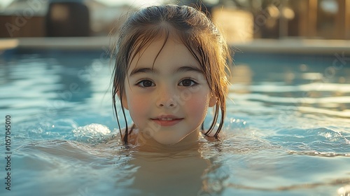 Young girl enjoying a swim outdoors with gentle evening light, capturing serene happiness in a public pool setting.