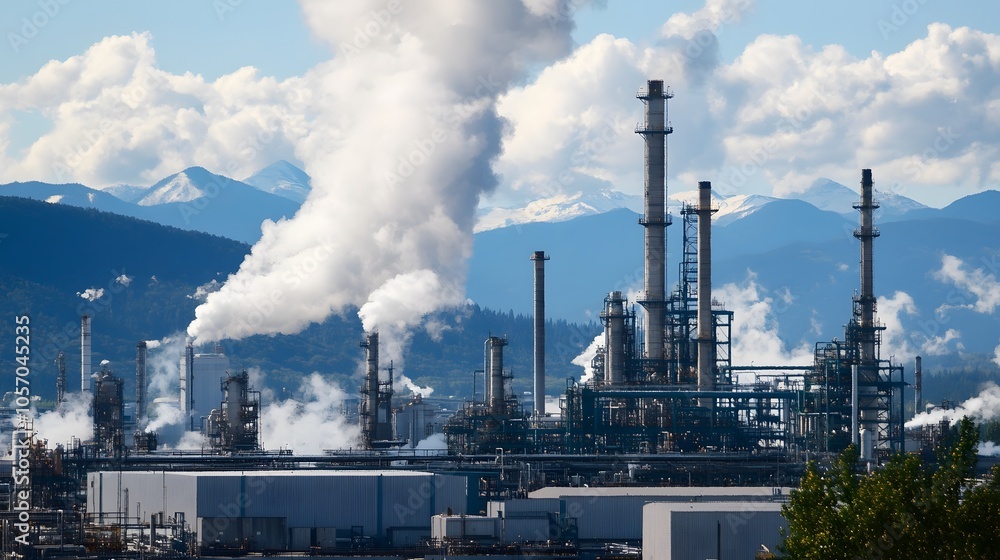 A large industrial plant with smoke billowing from it. The smoke is coming from the top of the plant. The sky is cloudy and the mountains in the background are covered in snow A large industrial plant with smoke billowing from it. The smoke is coming from the top of the plant. The sky is cloudy and the mountains in the background are covered in snow