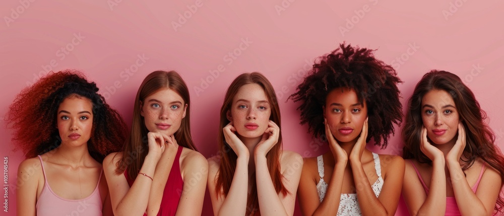 Fototapeta premium Five women of diverse ethnicities pose in a photo shoot, serious expressions, pink background. Varied hair, skin, features, casual attire.