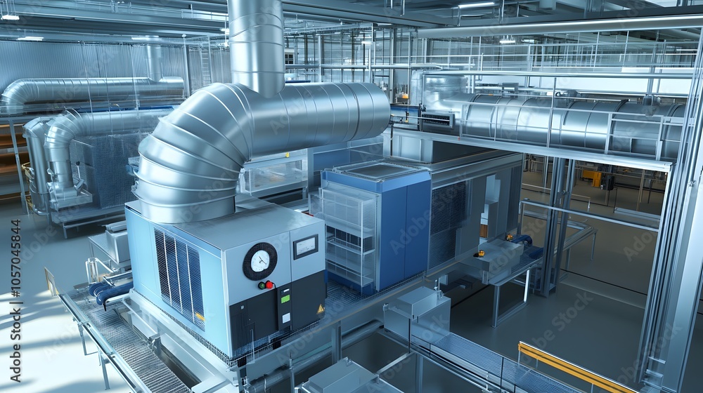 A large industrial building with a lot of machinery and pipes. Concept of industrialization and efficiency A large industrial building with a lot of machinery and pipes. Concept of industrialization and efficiency