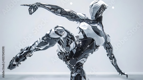 Capture the dynamic fusion of futuristic technologies and contemporary dance forms with a tilted angle view Show intricate robotic movements blending with fluid balletic grace in a photo