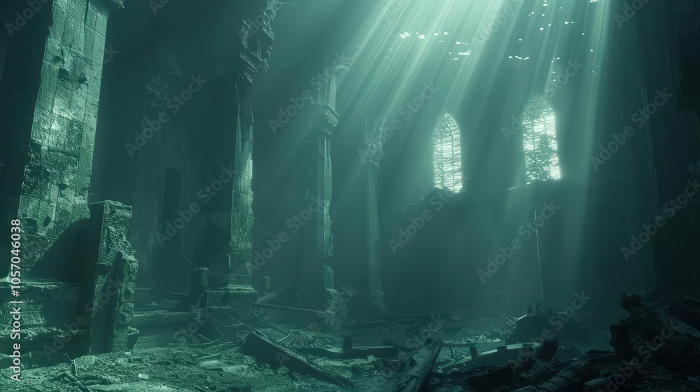Capture the eerie beauty of an eye-level angle in a dystopian underwater world Utilize dramatic lighting to enhance the scene Capture the eerie beauty of an eye-level angle in a dystopian underwater world Utilize dramatic lighting to enhance the scene