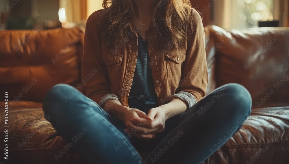 Obraz premium Woman sitting on a couch, relaxed and contemplative. Concept of comfort, peace, and tranquility.
