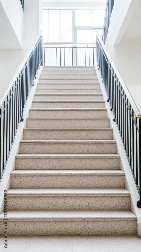 Stylish minimalist staircase with gray concrete steps and sleek black railings in modern apartment building interior design Stylish minimalist staircase with gray concrete steps and sleek black railings in modern apartment building interior design