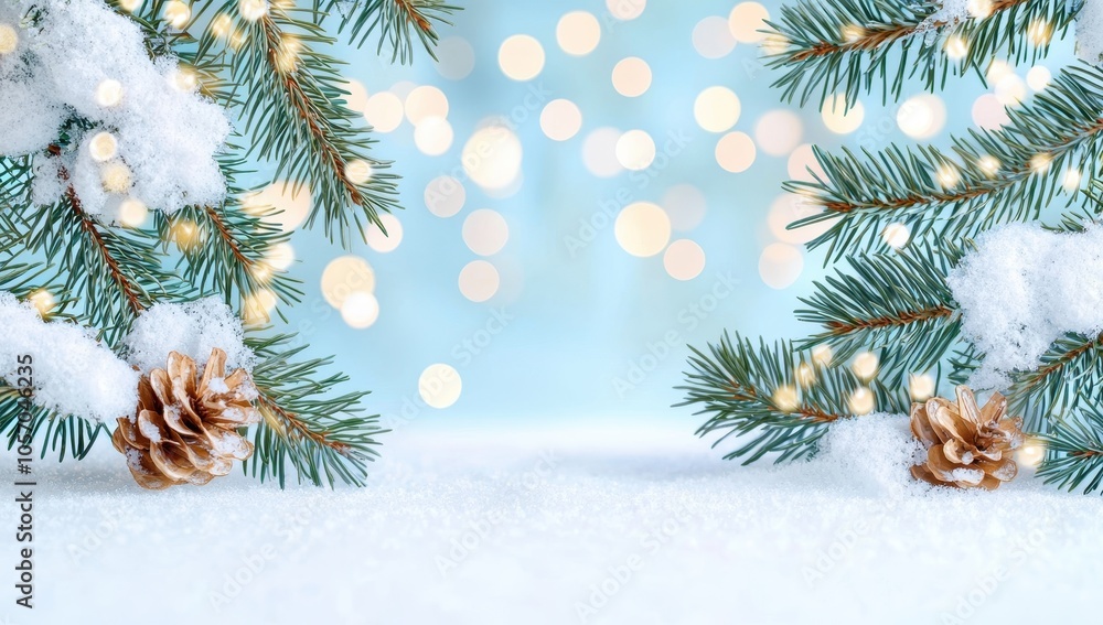 Winter holiday scene with snow covered pine branches and festive lights. Winter holiday scene with snow covered pine branches and festive lights.