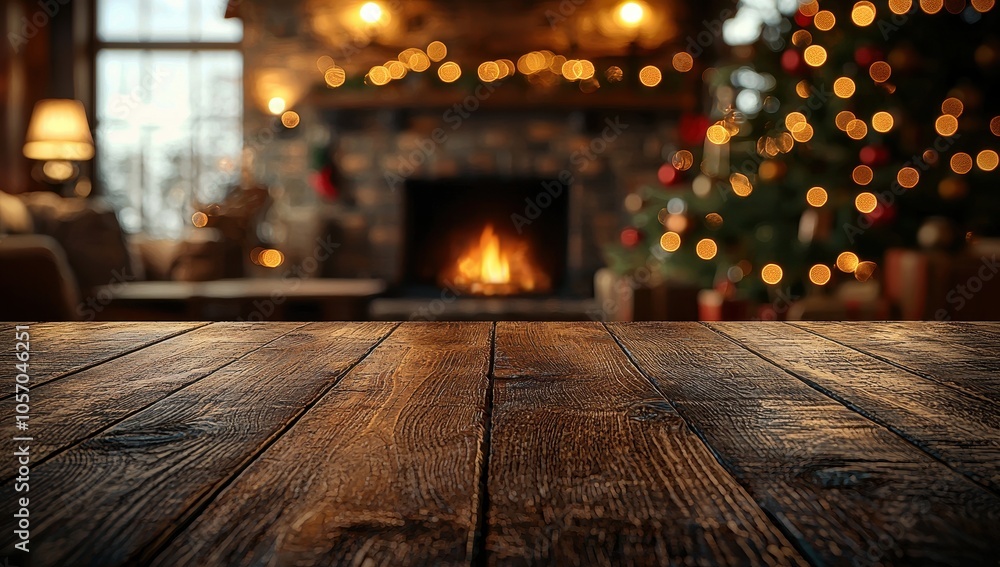 Wooden table with Christmas fireplace and tree in the background. Concept of cozy winter holidays. Wooden table with Christmas fireplace and tree in the background. Concept of cozy winter holidays.