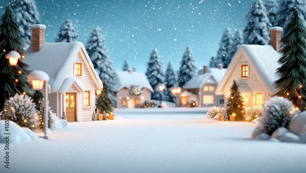 Snowy winter village with decorated houses and festive lights. Snowy winter village with decorated houses and festive lights.