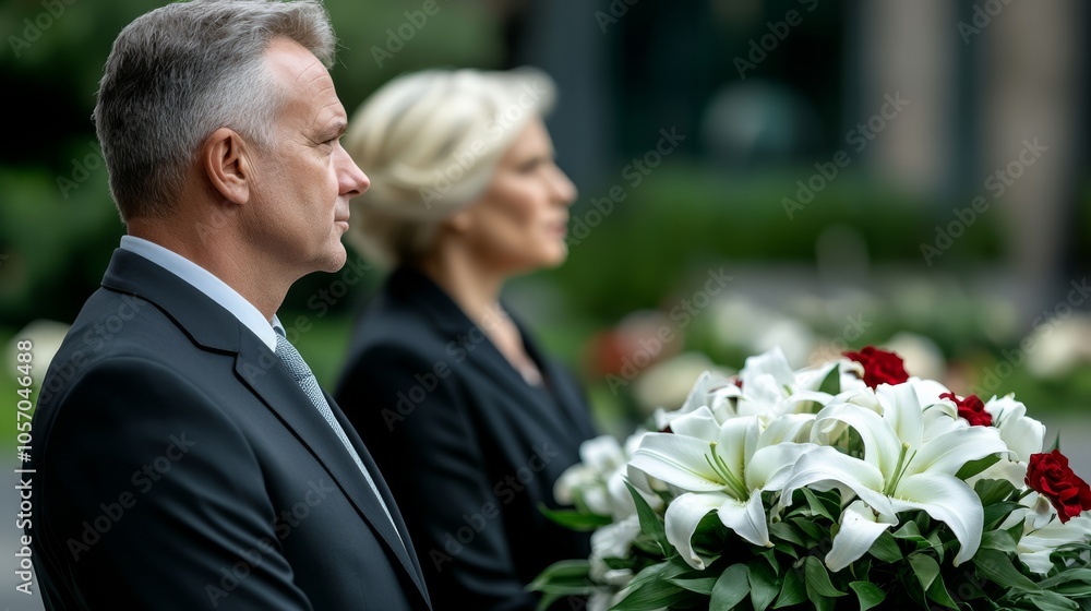 A man and woman stand solemnly at their mother\'s funeral, holding bouquets of white lilies, red flowers, and green leaves, reflecting their deep sorrow in a tranquil outdoor setting A man and woman stand solemnly at their mother\'s funeral, holding bouquets of white lilies, red flowers, and green leaves, reflecting their deep sorrow in a tranquil outdoor setting