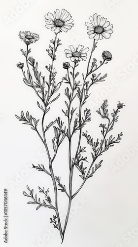 Сhamomile detailed hand drawn line art, botanical daisy flower, medicinal herbs, light clean background. Generative AI