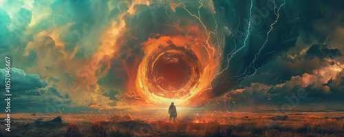 Capture the essence of power and influence with a visually striking worms-eye view of an individual or futuristic device manipulating storm clouds and lightning, evoking a sense of control over nature