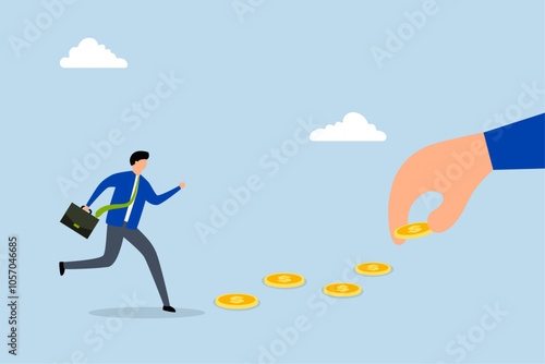Follow the money, greedy entrepreneur is rushing to collect coins along the trail. 