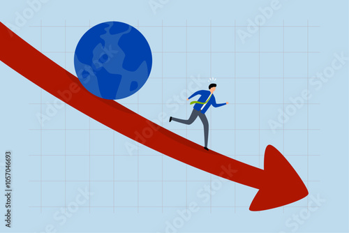 World economic recession, Stressed entrepreneur investor flees from plummeting planet. 