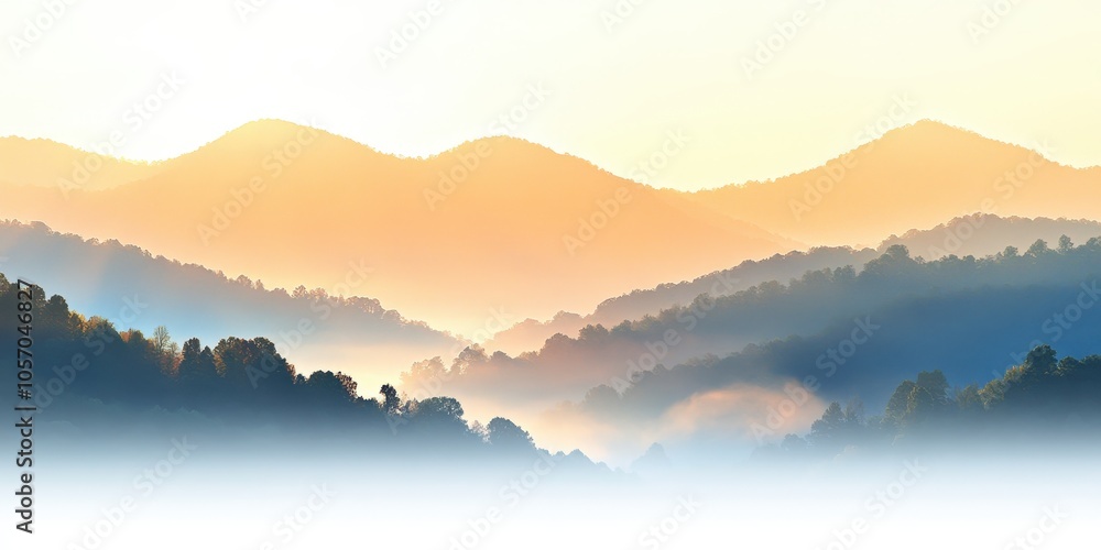 Misty Mountain Sunrise Landscape With Golden Light And Fog Over Forest Misty Mountain Sunrise Landscape With Golden Light And Fog Over Forest