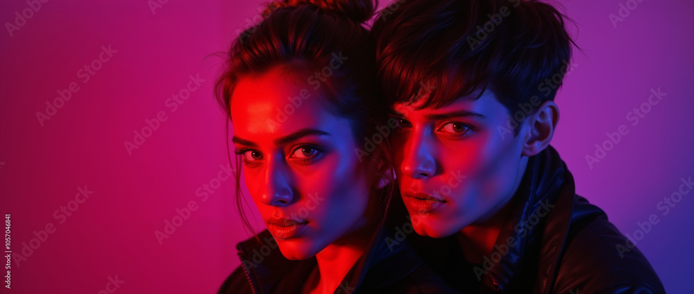 A captivating portrait of two individuals bathed in vibrant neon lighting, creating a moody and artistic ambiance. The contrasting colors evoke a sense of mystery and modern style.
A captivating portrait of two individuals bathed in vibrant neon lighting, creating a moody and artistic ambiance. The contrasting colors evoke a sense of mystery and modern style.