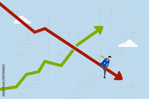 Stagflation, Anxious business owner plummeting on declining economic chart as inflation reaches high levels. 