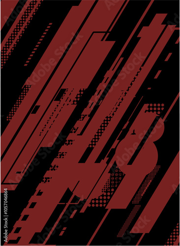Abstract red and black pattern with diagonal lines and dots.