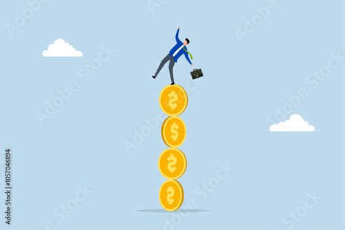 Financial instability, Businessman investor plummeting from pile of unstable stacks of money coins.