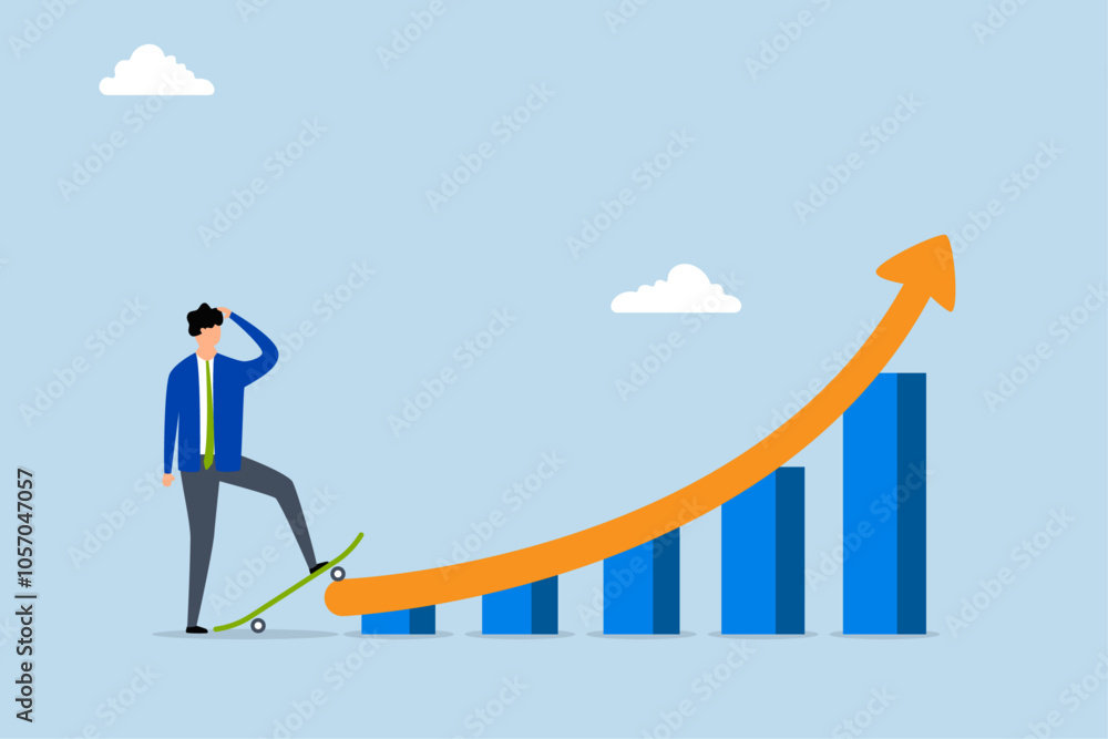 Growth for success, Businessman with skateboard getting ready to ride on an ascending graph of growth. Growth for success, Businessman with skateboard getting ready to ride on an ascending graph of growth.