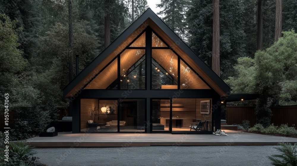 This modern A-frame cabin features large glass windows and striking black metal details, nestled in a tranquil forest setting with a gravel driveway and surrounding greenery This modern A-frame cabin features large glass windows and striking black metal details, nestled in a tranquil forest setting with a gravel driveway and surrounding greenery