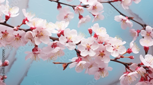 Almond blossom flowers in full bloom with delicate pink petals against a soft blue sky, creating a serene and picturesque spring background.


 photo