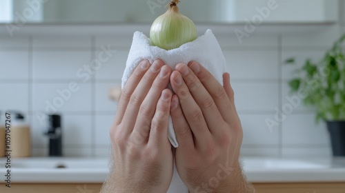 In a bathroom, a person stands facing the mirror, using a handkerchief to blow their nose while balancing an onion on top of the fabric photo