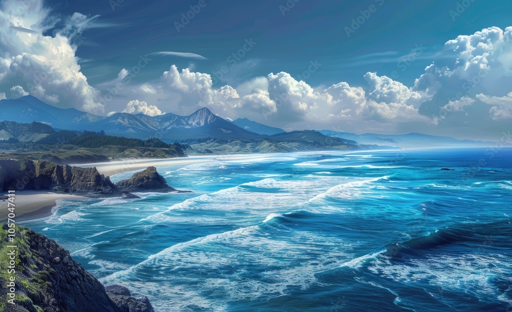 Aerial view of a beach with mountains and waves crashing ashore Aerial view of a beach with mountains and waves crashing ashore