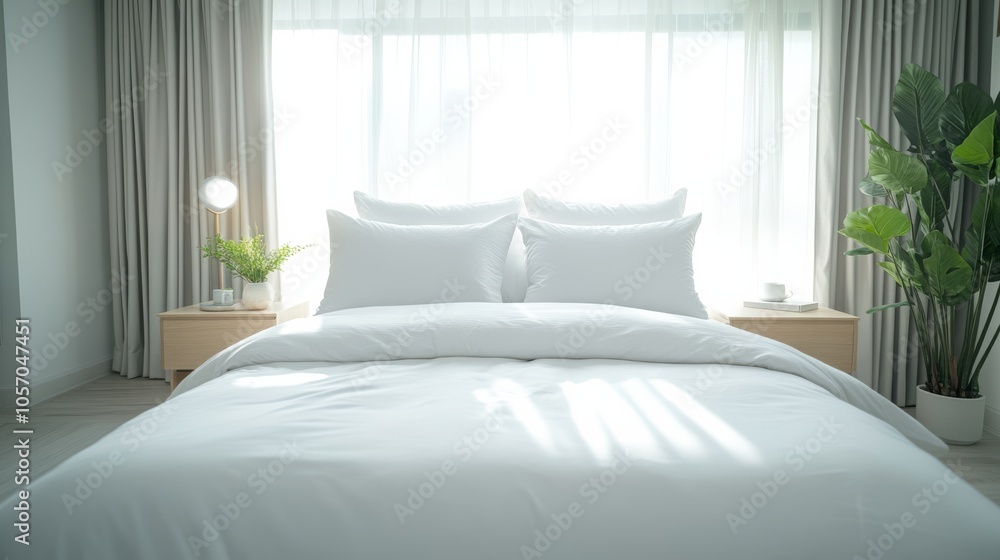 A young man dressed in casual sleepwear gets up from a neatly made bed in a modern apartment. Soft morning light fills the space, highlighting minimal decor and a relaxed atmosphere A young man dressed in casual sleepwear gets up from a neatly made bed in a modern apartment. Soft morning light fills the space, highlighting minimal decor and a relaxed atmosphere