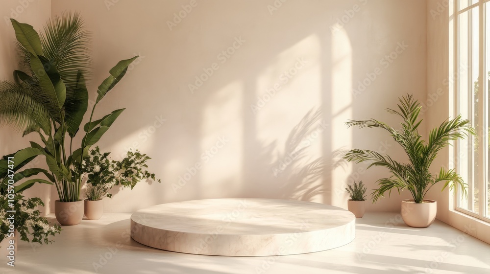 A serene, minimalistic interior featuring a circular platform, large windows, and lush green plants, creating a calming atmosphere. A serene, minimalistic interior featuring a circular platform, large windows, and lush green plants, creating a calming atmosphere.