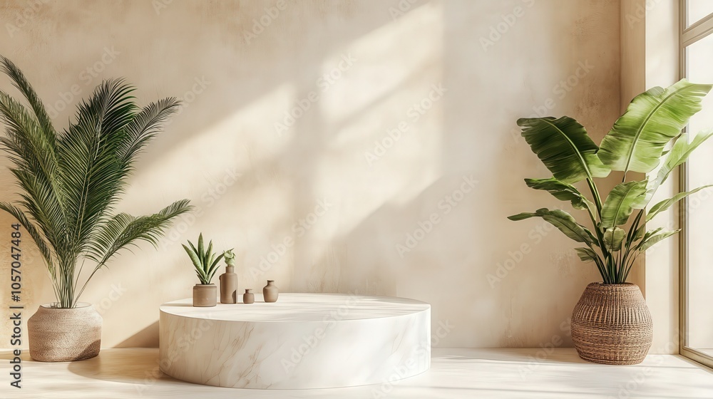 A serene, modern bathroom featuring marble decor, natural light, and lush greenery in decorative pots. A serene, modern bathroom featuring marble decor, natural light, and lush greenery in decorative pots.