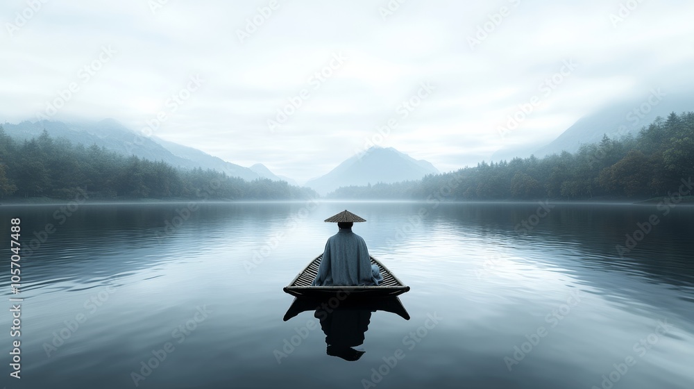 An old man in a grass cloak and bamboo hat sits peacefully in a boat on a chilly, snow-covered river, casting his fishing rod while distant mountains loom in a misty atmosphere An old man in a grass cloak and bamboo hat sits peacefully in a boat on a chilly, snow-covered river, casting his fishing rod while distant mountains loom in a misty atmosphere