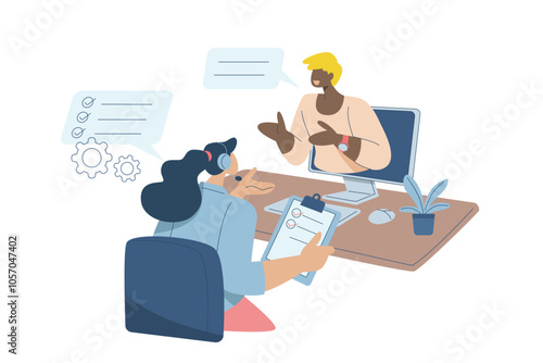Online job interview concept, Selection or search process for new employees, Recruitment and employment, HR managers interview job applicants via video call. Vector illustration.